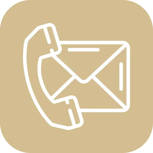 Icon showing a telephone handset overlapping an envelope, symbolizing communication via phone and mail, on a beige background.