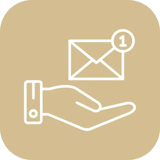 A hand holds an envelope icon with a notification badge displaying the number one.