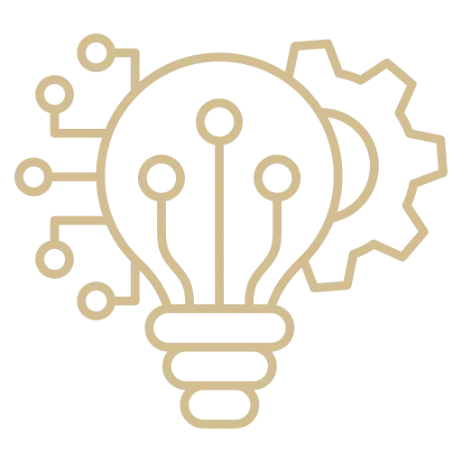 Outline of a light bulb with circuit and gear elements, symbolizing innovation and technology.