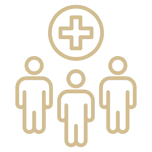 Three outlined figures stand beneath a circular plus sign, symbolizing healthcare or medical assistance.